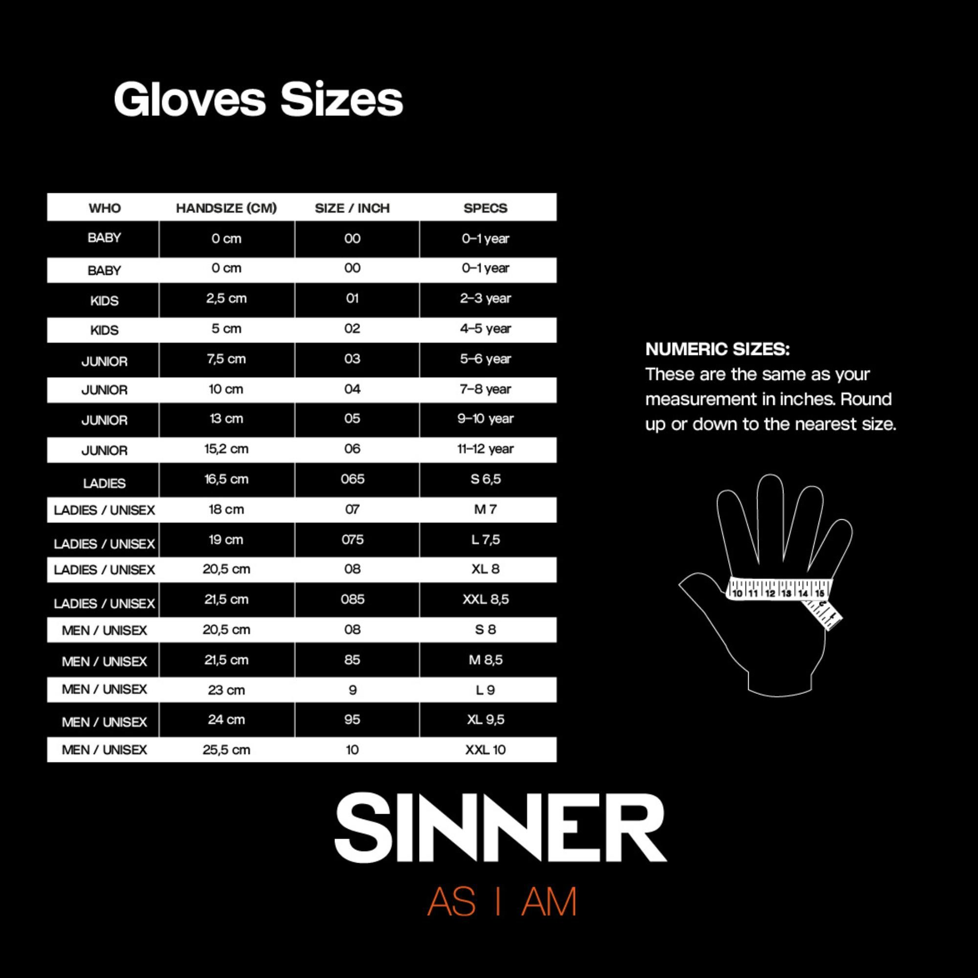 Tabel mărimi mănuși SINNER